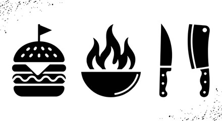 Black icons of burger flame bowl knives on white background cooking