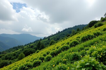 Obraz premium lush green hill slope showing impact of consistent rainfall due to orographic lift of moist air