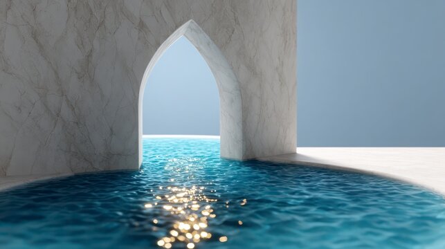 Abstract architectural archway with rippling water and light reflections on a bright day