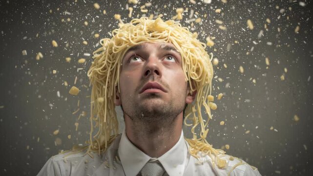 Man with pasta hairstyle looking up in surprise as noodles and cheese rain down around him, creating a whimsical and humorous scene that captures the essence of culinary chaos and creativity
