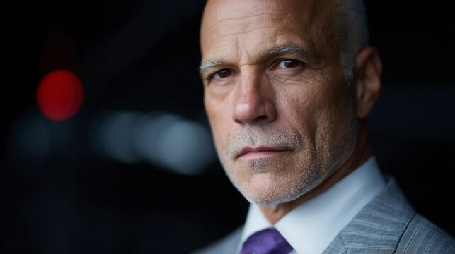 Close up portrait of a serious middle aged bald man with grey stubble wearing a pinstripe suit and purple tie
