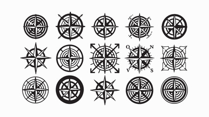 Collection of black and white compass rose designs in various styles on a white background