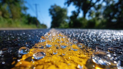 Fototapeta premium Close-up of water droplets on a road, focusing on a yellow line