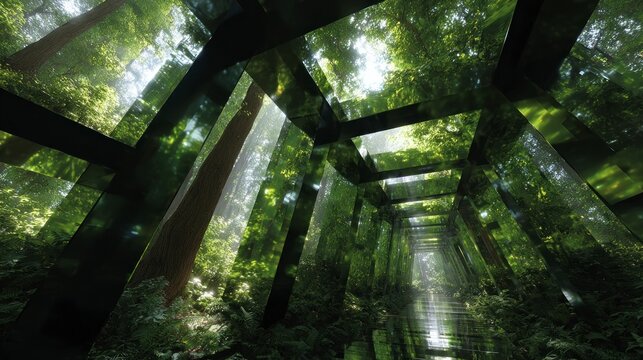 Forest with mirrored geometric structure reflecting trees and sunlight