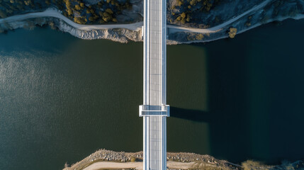 Aerial view of a modern bridge spanning over a calm river, surrounded by lush greenery and rocky banks, showcasing architectural design and natural beauty
