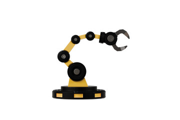 3d Mechanical arm in the isolated on white background, industrial robot, robot arm. Minimal Yellow and Black robotic arm with grey gripper standing. automate robotic concept.3d rendering.