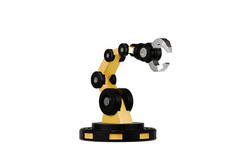 3d Mechanical arm in the isolated on white background, industrial robot, robot arm. Minimal Yellow and Black robotic arm with grey gripper standing. automate robotic concept.3d rendering.