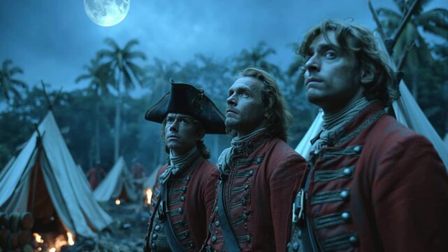 portrait of three worried english redcoat soldiers circa  a military camp with tents and fires tropical forest blue moonlight cinematic movie scene