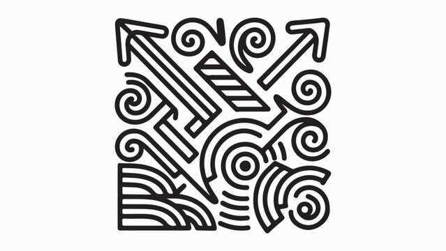 Black and white abstract design featuring arrows spirals and geometric shapes in a square format