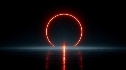 Neon orange ring glowing over dark water surface with reflection and starry sky