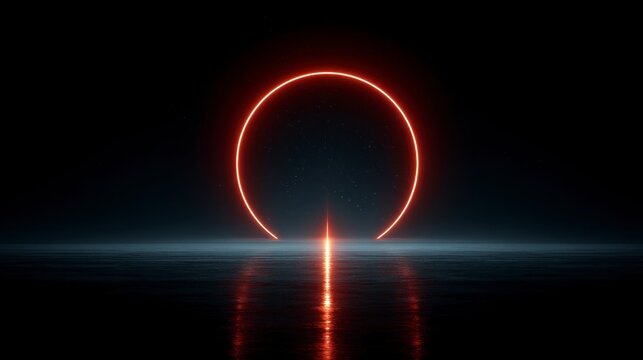 Neon orange ring glowing over dark water surface with reflection and starry sky