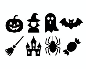 Collection of classic halloween icons including a pumpkin witch ghost bat broom castle spider and candy silhouette isolated on white background