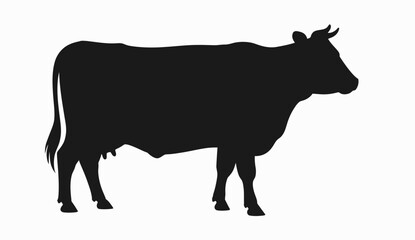 A detailed black silhouette of a cow standing profile view isolated on white background silhouette
