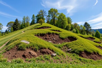 Naklejka premium bioengineering slope with grass mats and woody plants growing naturally soil held firmly preventing landslide