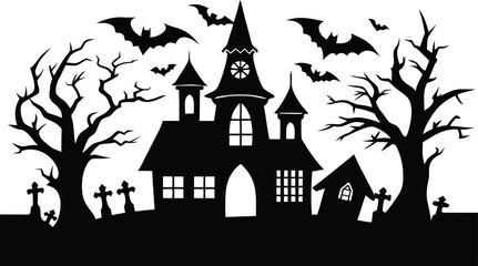 Haunted house with bats and graveyard silhouette isolated on transparent background