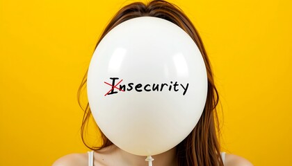 Woman hide behind balloon written INSECURITY crossed off to SECURITY - overcoming being insecure. Boost self-esteem and get rid fear of rejection, Build self-respect that you are good enough.