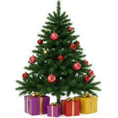 Decorated Christmas tree with presents on white background