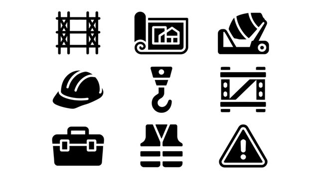 Collection of construction industry icons including safety gear blueprints and equipment silhouette isolated on white background