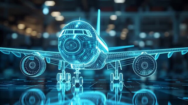 Blueprint of flight: An intricate blueprint of an aircraft, set against a blurred industrial backdrop, symbolizes technological innovation.