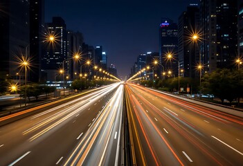 Night cityscape highway with speeding cars creating light trails between towering buildings.