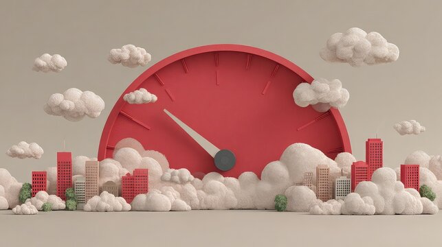 Air quality alert in modern red gauge icon represents environmental awareness, pollution tracking, and real-time monitoring via smart health interfaces and weather tech apps.