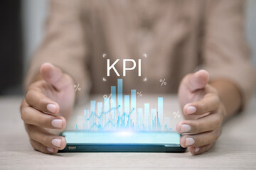 Business KPI analytics dashboard floating over smartphone, performance tracking concept