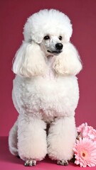 Fluffy white poodle against pink