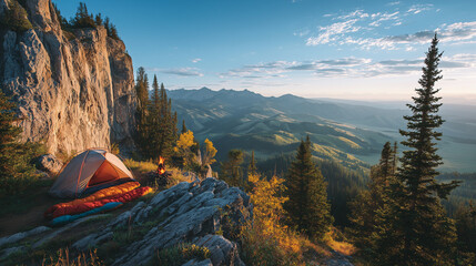 A small tent is set up on a rocky mountain top. The sky is clear and the sun is shining brightly. The scene is peaceful and serene, with the mountains in the background