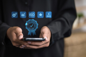Digital certified quality standard badge with ISO and performance icons on smartphone
