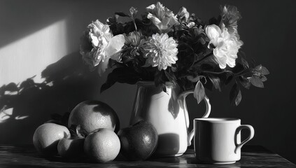 Still life of flowers, fruits, and a cup, in black and white, with sunlight casting shadows © 10