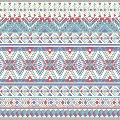 Horizontal tribal border pattern featuring aztec-inspired diamonds and arrow motifs in pastel red and blue color scheme.