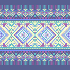 Ethnic-inspired tribal pattern in soothing blue and violet tones with linear diamond shapes and horizontal stripes.