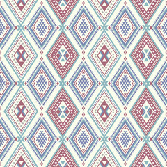 Bold tribal-inspired diamond pattern in alternating layout with clean white background and soft cultural colors.