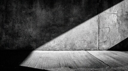 Monochromatic image of a concrete wall and floor intersected by a diagonal beam of light