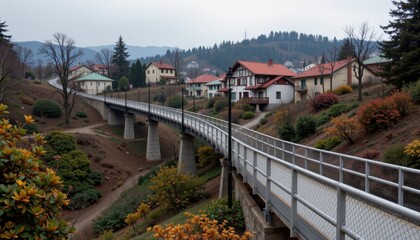 Fototapeta premium elevated pedestrian bridge with steps and ramps connecting hill neighborhoods for walkable access