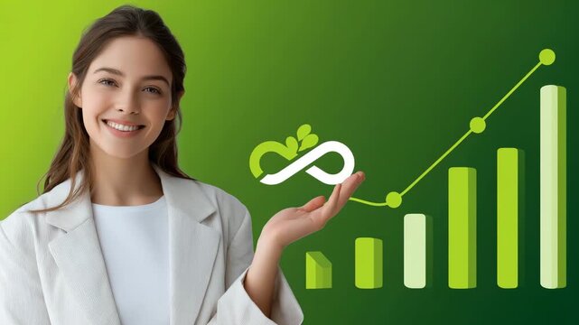 Woman is holding a symbol of infinity in her hand.woman in smart blazer holding infinity-loop leaf logo next to rising bar graph, sustainable energy stocks