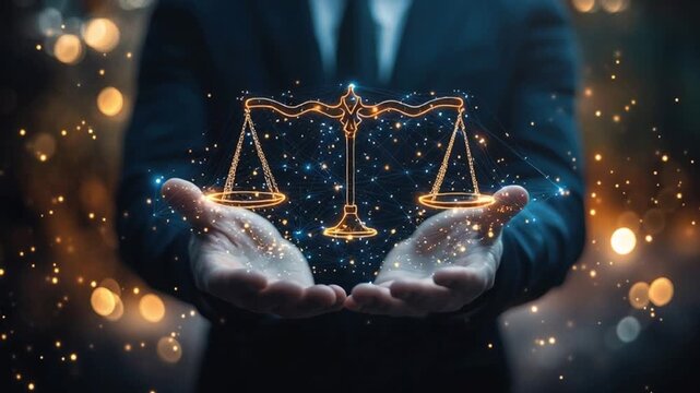 Law and Justice: A close-up view showcases a person's hands cradling an illuminated scale of justice, representing the fundamental principles of fairness and the pursuit of equity.