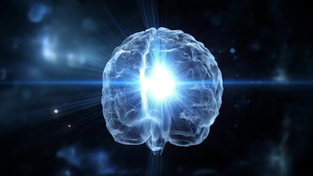 Brain with a light shining on it. The brain is blue. quantum qbits orbiting an AI brain core, futuristic glow burst from center, sci-fi background, quantum ai development