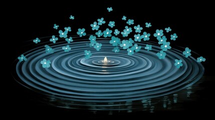Obraz premium A lit candle creates ripples on water with floating blue flowers against a dark background