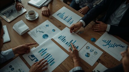 Business hands discussing financial data and graphs on a wooden meeting table
