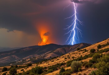 Fototapeta premium lightning striking dry hillside igniting wildfire rapid spread endangering wildlife and hillside settlements increased natural disaster risk during dry seasons