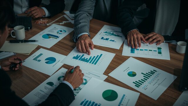 Business colleagues analyzing financial charts and graphs on a conference table