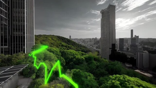 City skyline with a green line. a graph of a stock market. grayscale city grid on left, lush solar city on right, center line chart tipping toward green, sustainable energy stocks