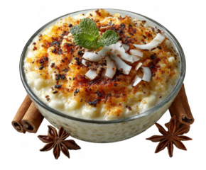 Creamy rice pudding topped with cinnamon and coconut isolated on transparent background