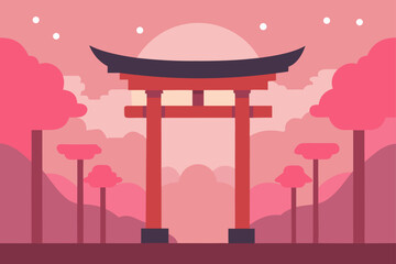 Japanese torii gate in a stylized pink landscape with cherry blossoms