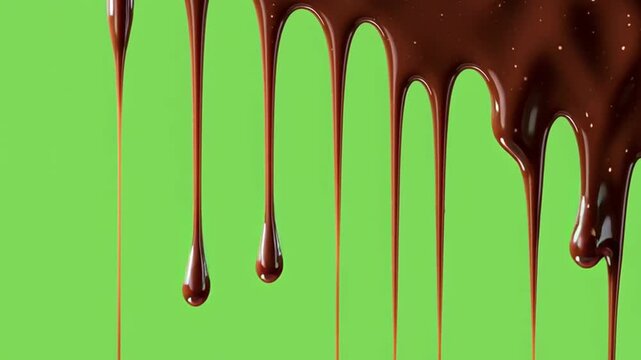 Dark Chocolate Drips: An eye-level close-up of smooth, rich dark chocolate elegantly cascading downwards against vibrant, chroma key green backdrop, a visual feast for the senses.