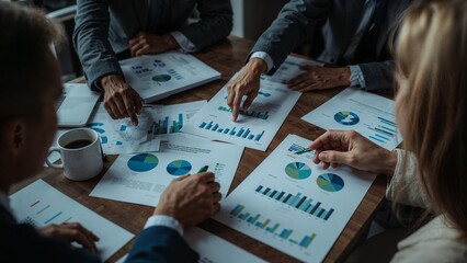 Top view business people analyzing financial graphs and charts on a wooden table