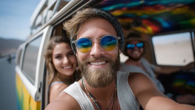 Friends enjoying a road trip in a vintage colorful van - Powered by Adobe