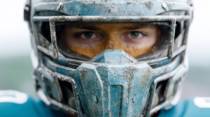 Fototapeta premium Close up portrait of a determined American football player wearing a dusty helmet with visible dirt and eye black