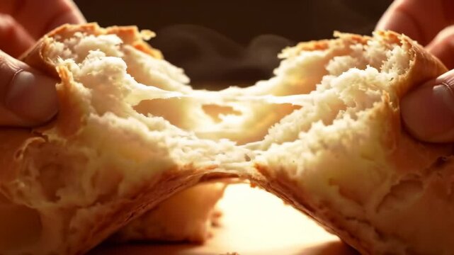 Hands tearing a soft, steamy bun apart.